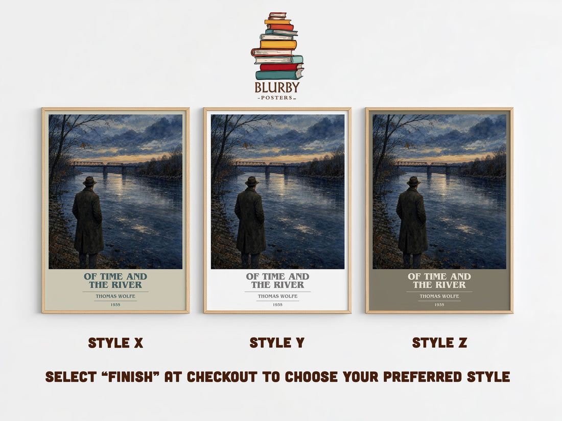 Of Time and the River book cover print in frame leaning in hallway – literary fiction wall art (mockup)