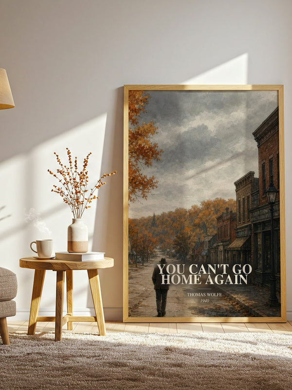 You Can't Go Home Again watercolour print in frame leaning in hallway – literary fiction wall art