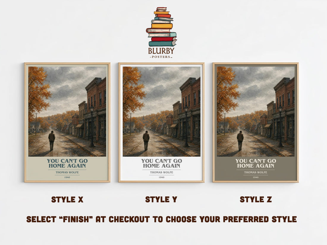 You Can't Go Home Again book cover print in frame leaning in hallway – literary fiction wall art (mockup)