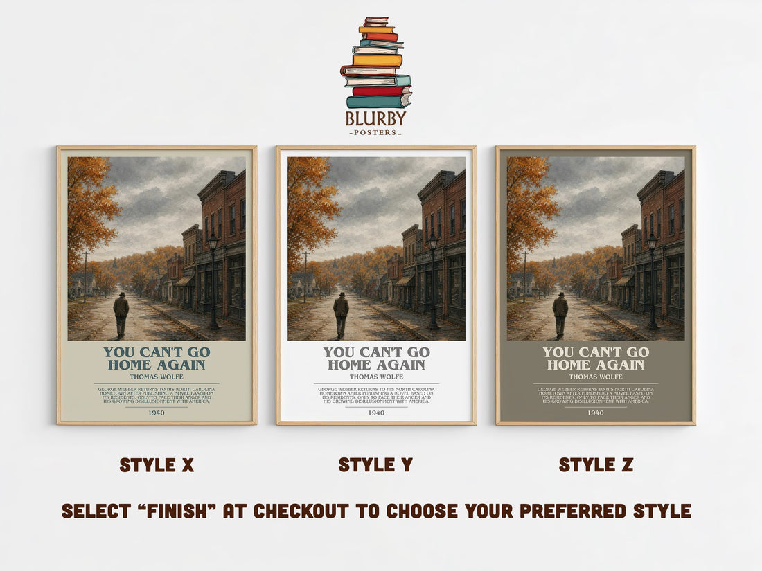 You Can't Go Home Again bookish print in frame leaning in hallway – literary fiction wall art (mockup)