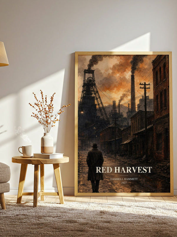 Red Harvest watercolour print in frame leaning in hallway – crime wall art
