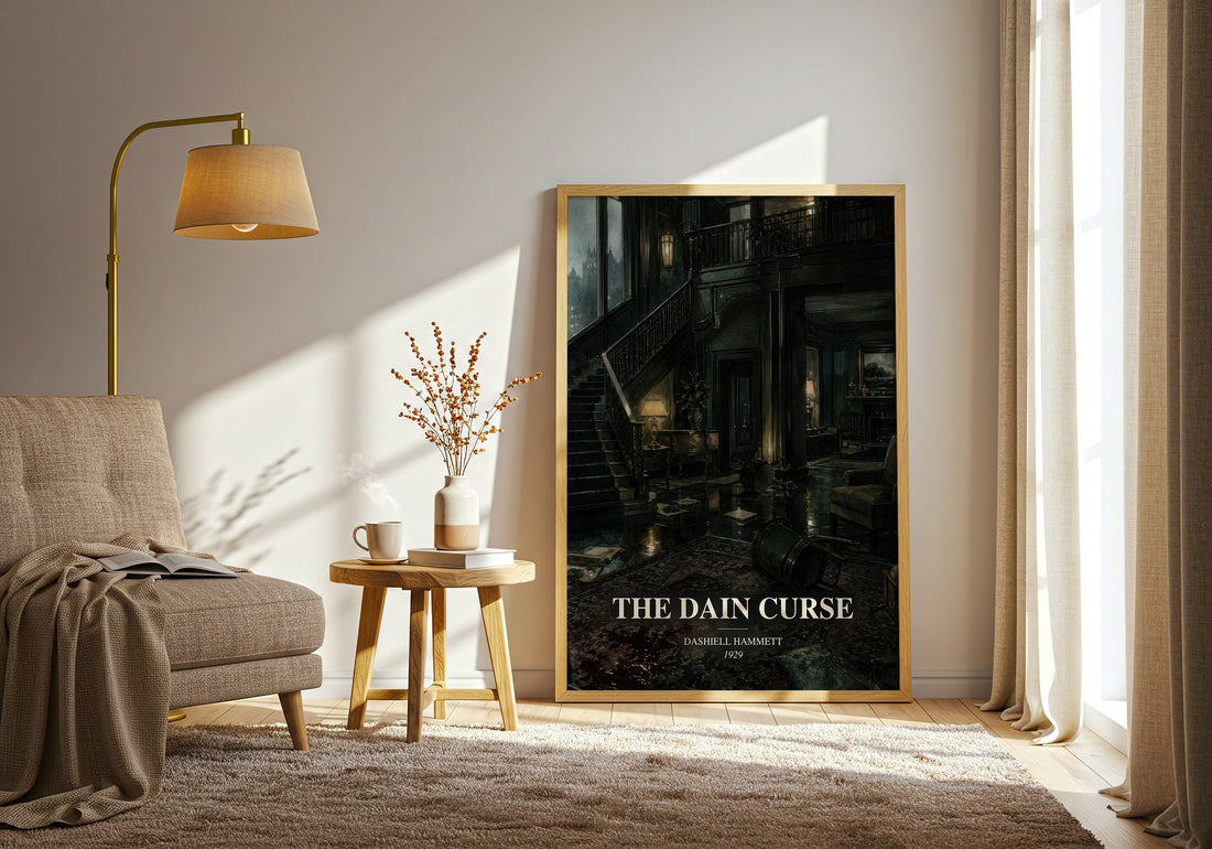 The Dain Curse watercolour print in frame leaning in hallway – crime wall art (mockup)