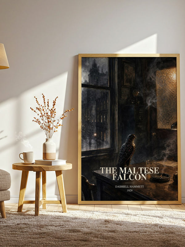 The Maltese Falcon watercolour print in frame leaning in hallway – crime wall art