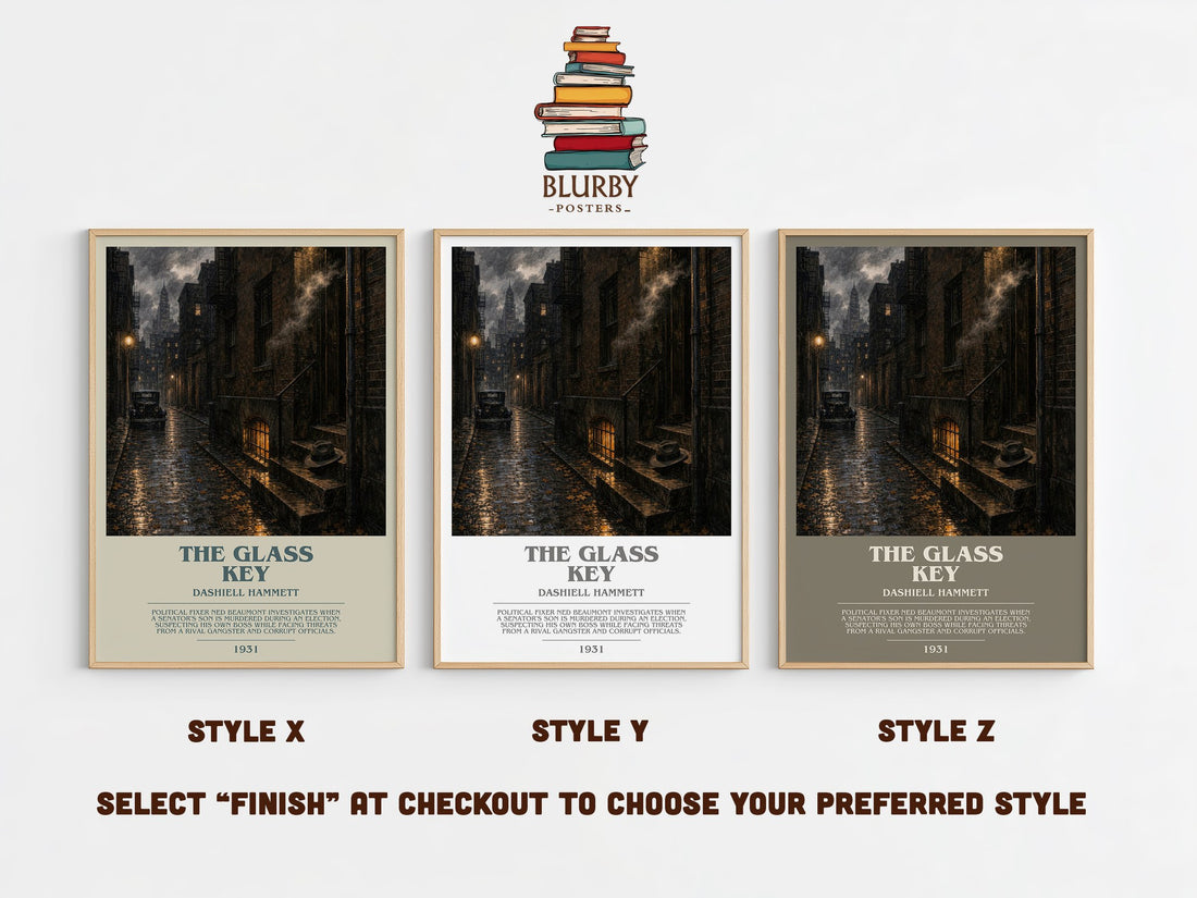 The Glass Key bookish print in frame leaning in hallway – crime wall art (mockup)