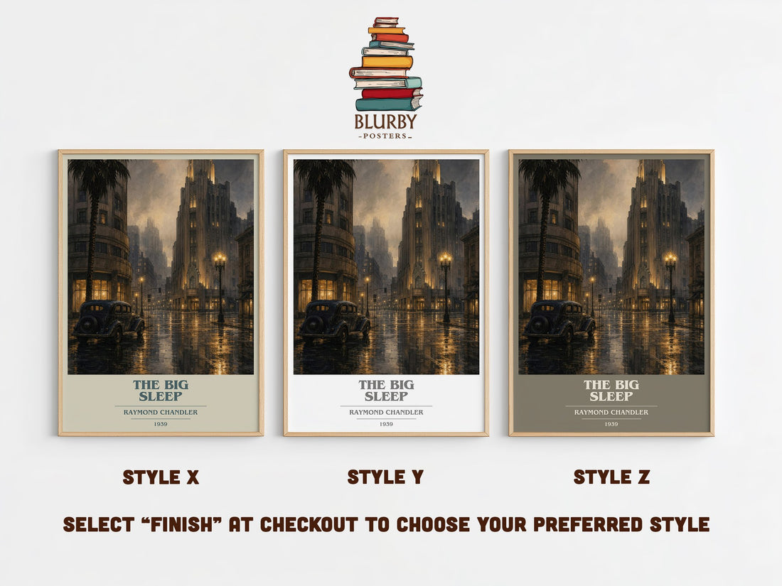 The Big Sleep book cover print in frame leaning in hallway – crime wall art (mockup)