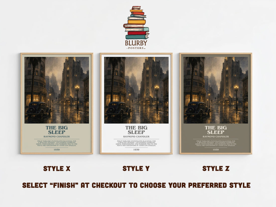 The Big Sleep bookish print in frame leaning in hallway – crime wall art (mockup)