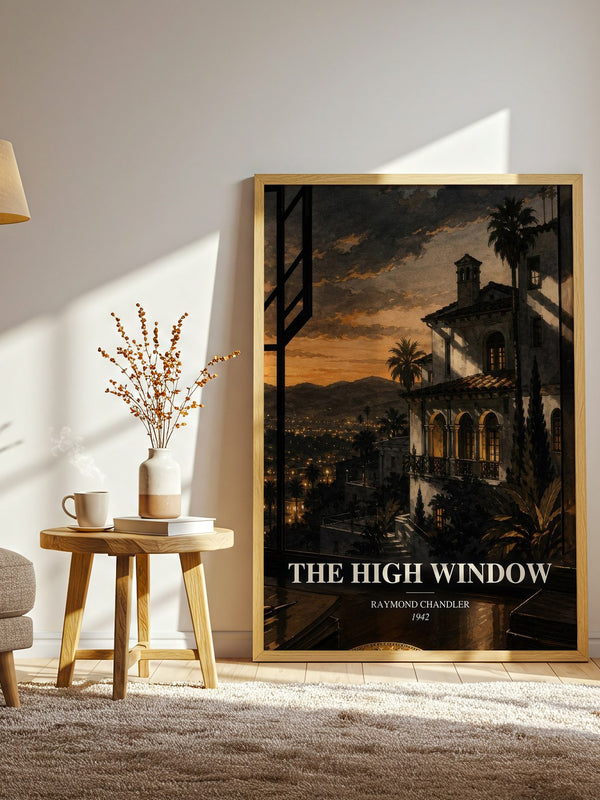 The High Window watercolour print in frame leaning in hallway – crime wall art