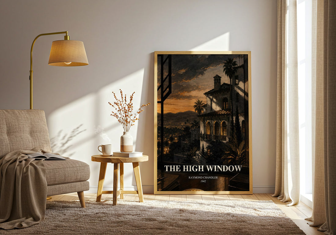 The High Window watercolour print in frame leaning in hallway – crime wall art (mockup)