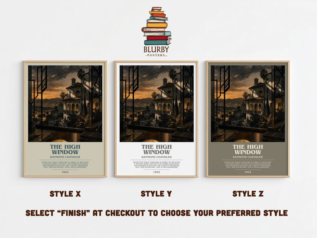 The High Window bookish print in frame leaning in hallway – crime wall art (mockup)