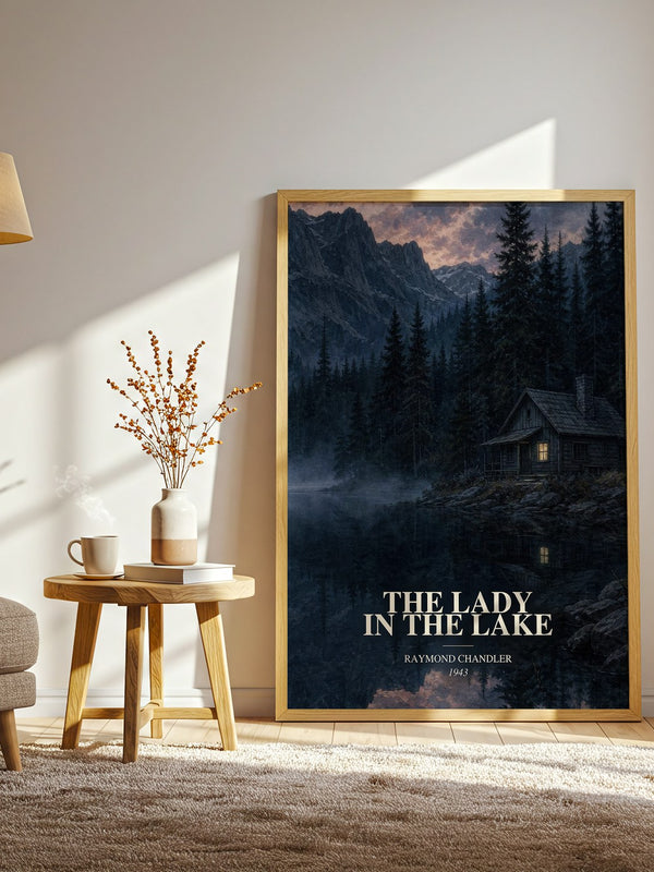 The Lady in the Lake watercolour print in frame leaning in hallway – crime wall art