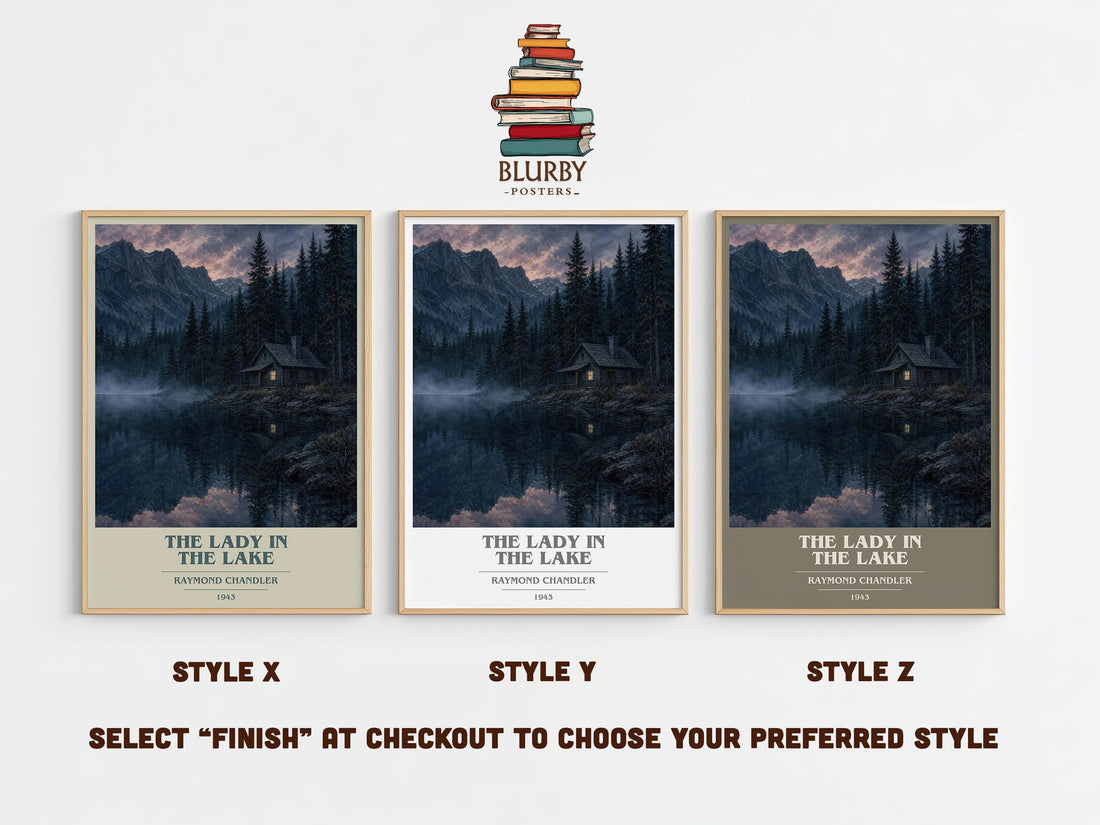 The Lady in the Lake book cover print in frame leaning in hallway – crime wall art (mockup)