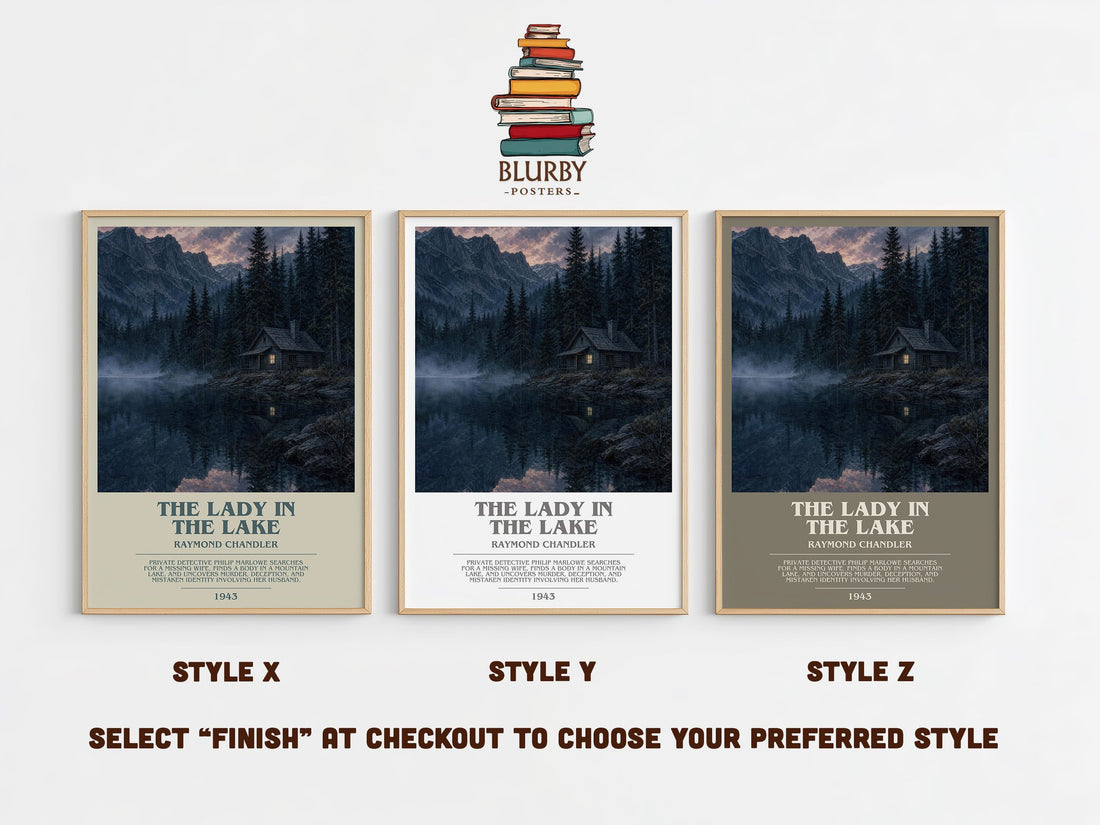 The Lady in the Lake bookish print in frame leaning in hallway – crime wall art (mockup)