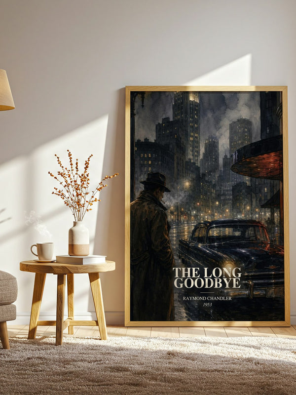 The Long Goodbye watercolour print in frame leaning in hallway – crime wall art