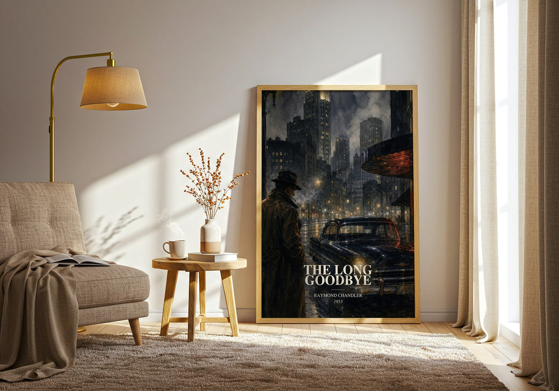 The Long Goodbye watercolour print in frame leaning in hallway – crime wall art (mockup)