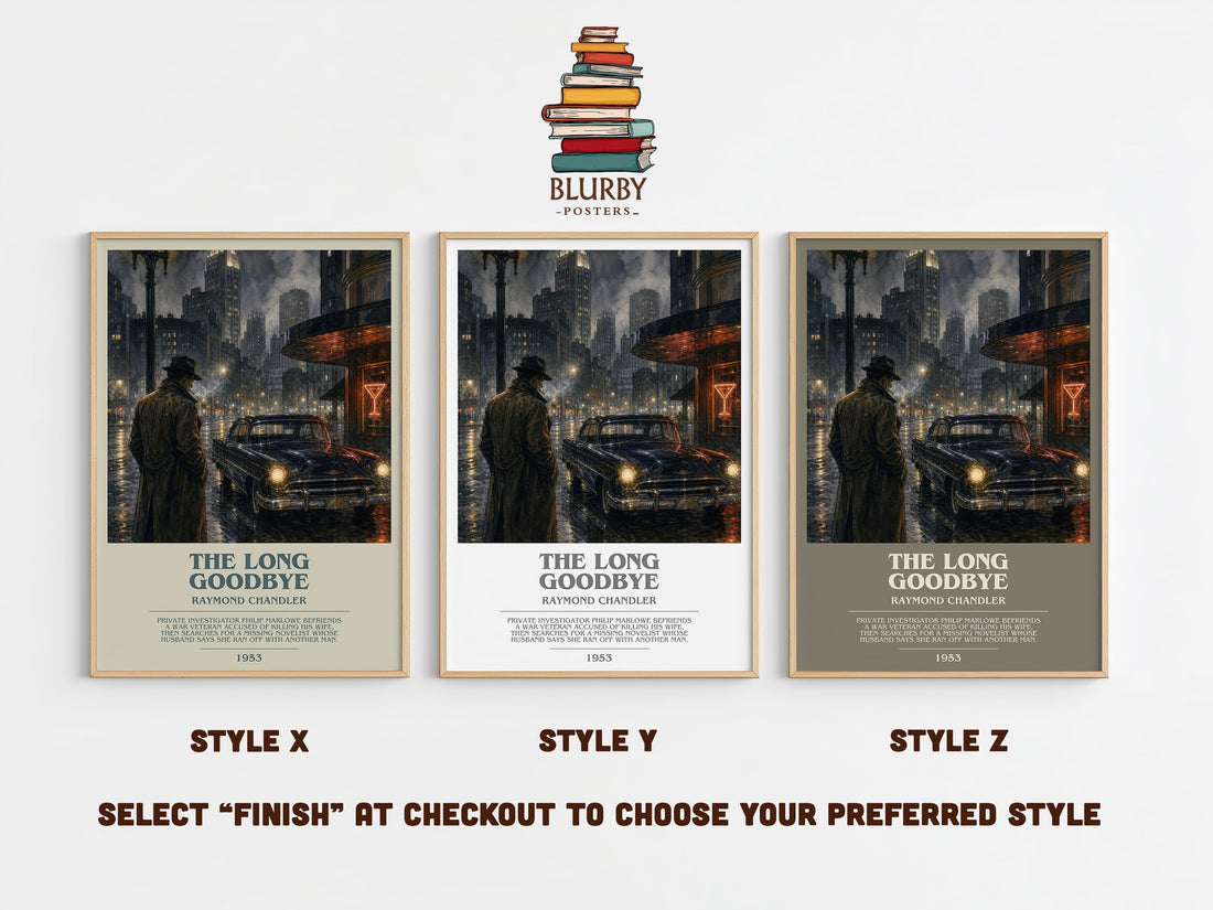 The Long Goodbye bookish print in frame leaning in hallway – crime wall art (mockup)