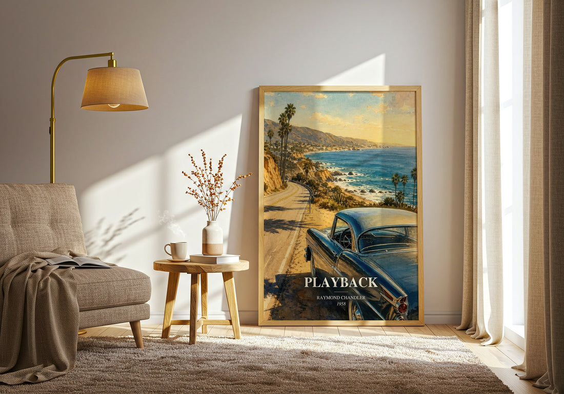 Playback watercolour print in frame leaning in hallway – crime wall art (mockup)