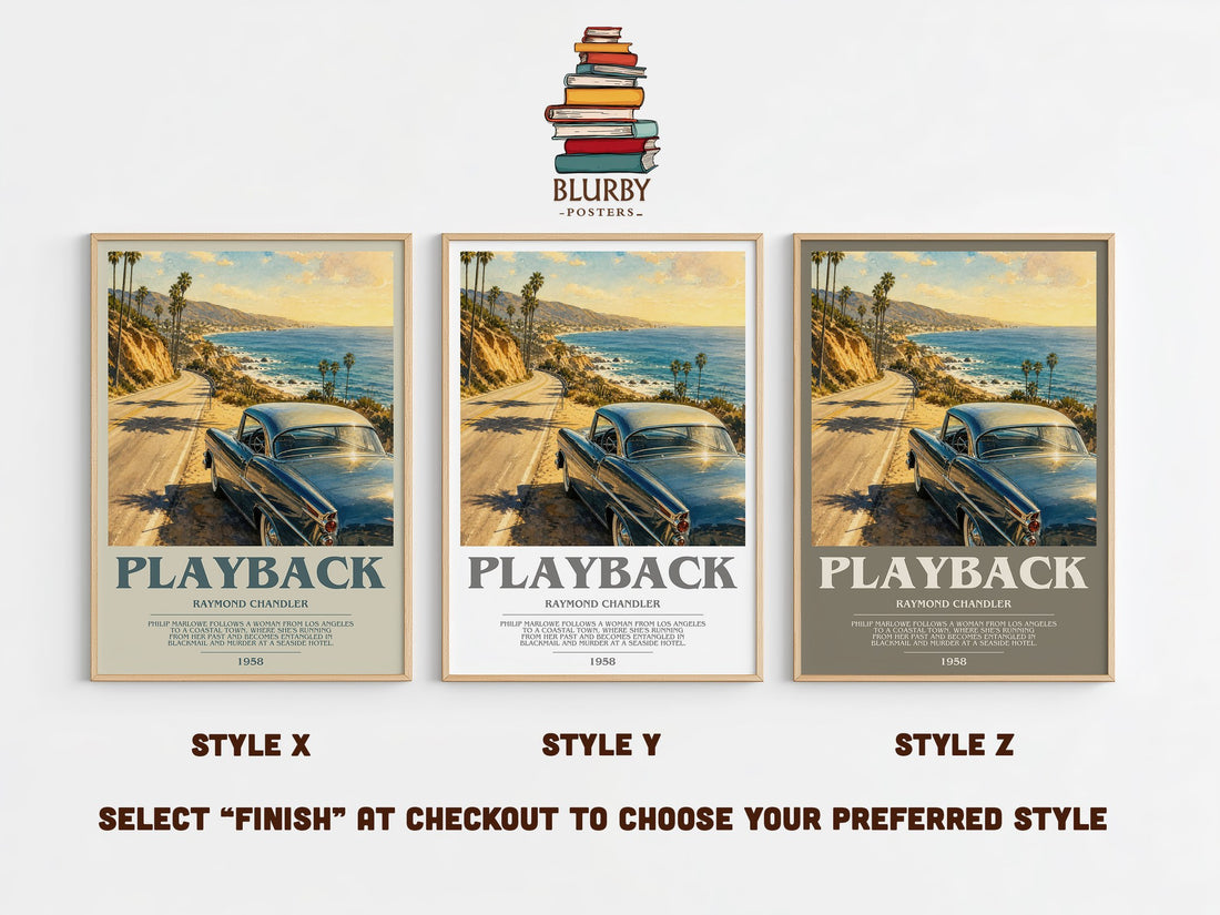 Playback bookish print in frame leaning in hallway – crime wall art (mockup)