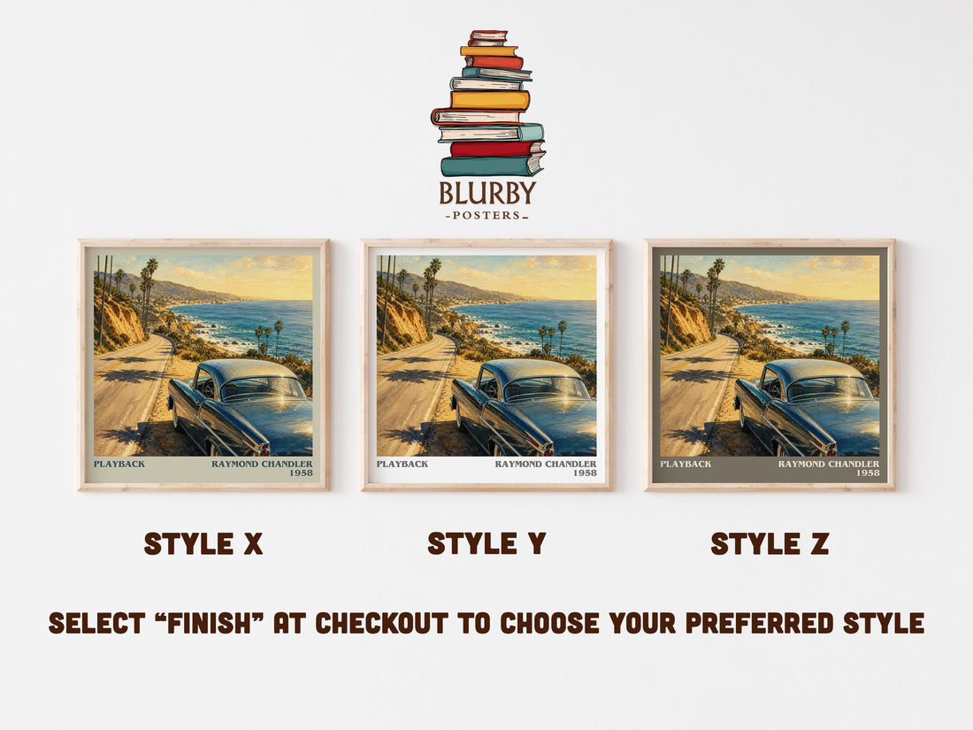 Playback literary print in frame leaning in hallway – crime wall art (mockup)