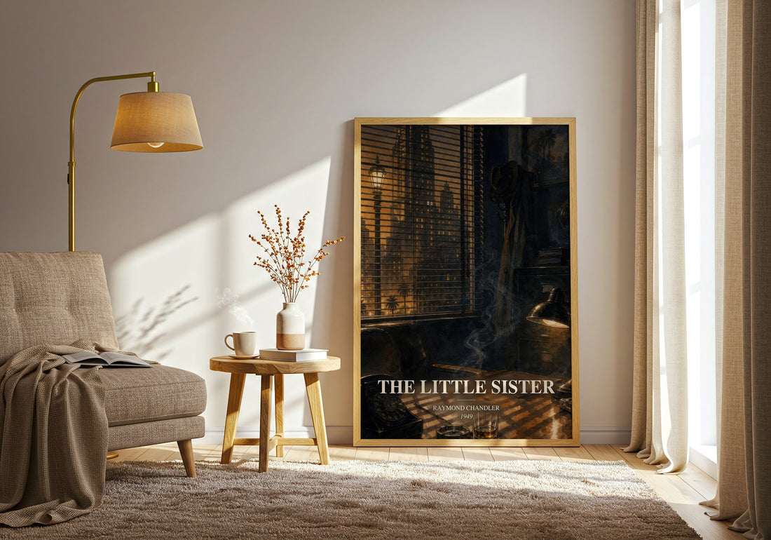 The Little Sister watercolour print in frame leaning in hallway – crime wall art (mockup)