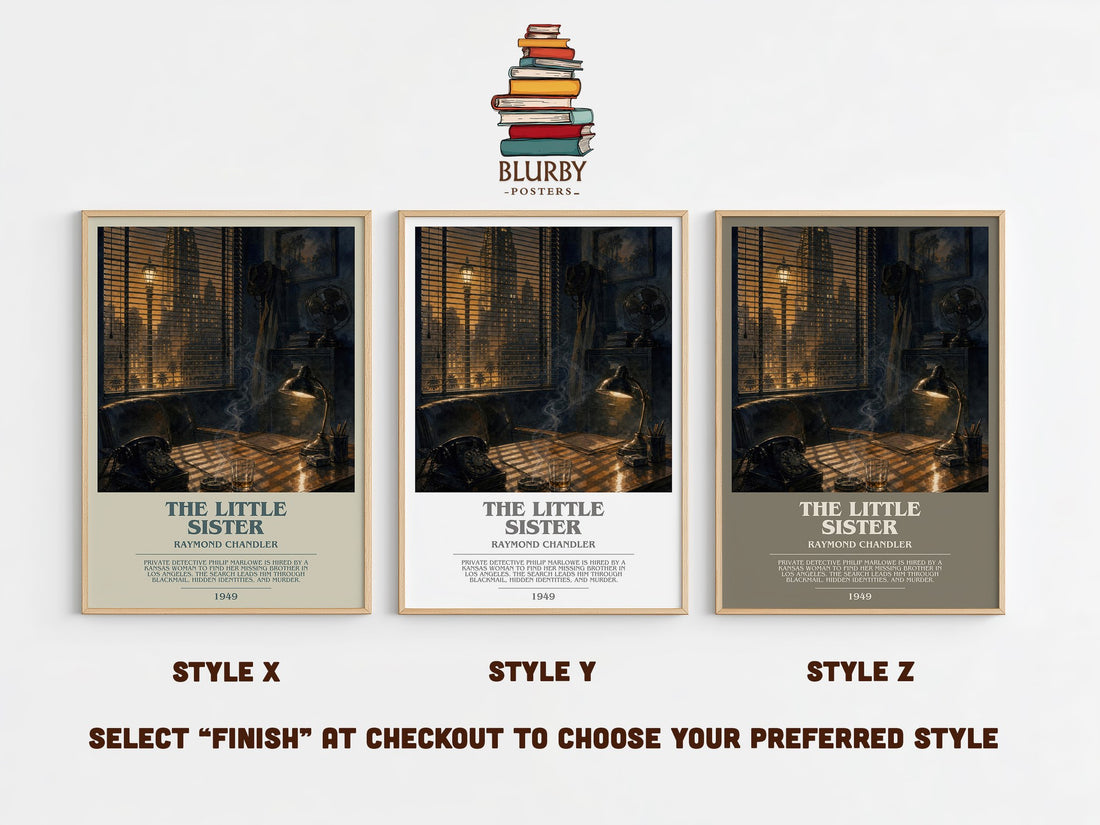 The Little Sister bookish print in frame leaning in hallway – crime wall art (mockup)