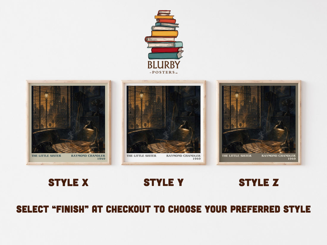 The Little Sister literary print in frame leaning in hallway – crime wall art (mockup)