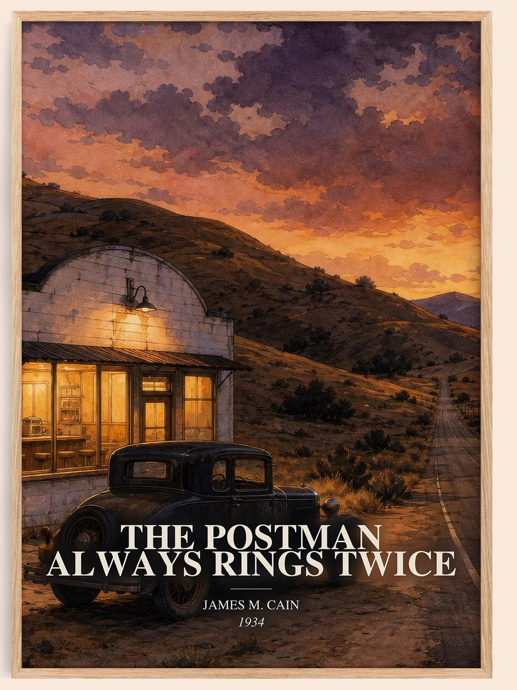The Postman Always Rings Twice watercolour book poster by James M. Cain – framed literary art print
