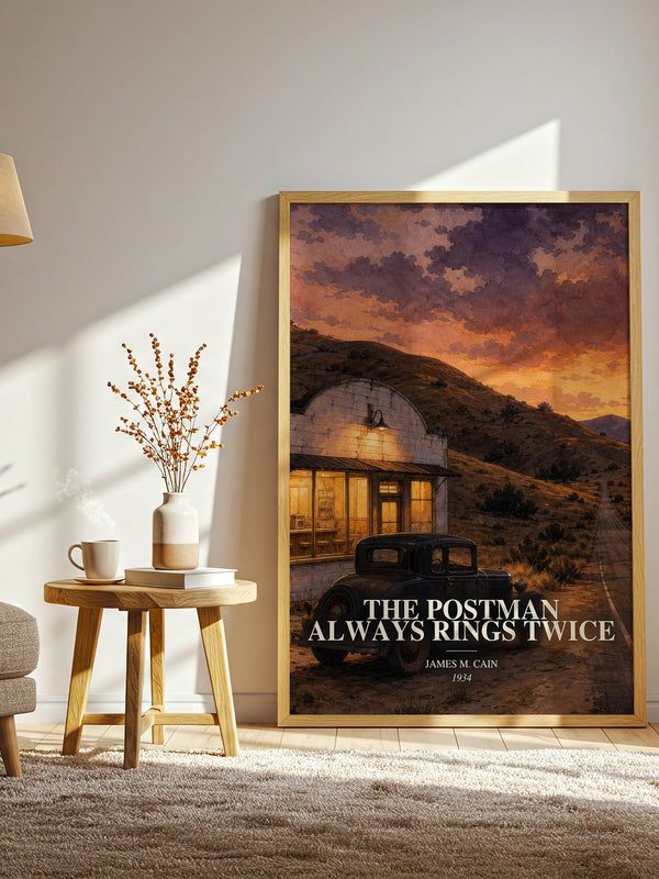The Postman Always Rings Twice watercolour print in frame leaning in hallway – crime wall art