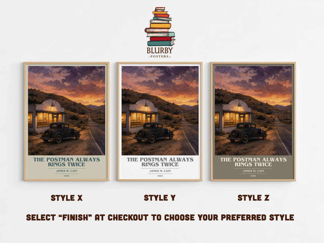 The Postman Always Rings Twice book cover print in frame leaning in hallway – crime wall art (mockup)