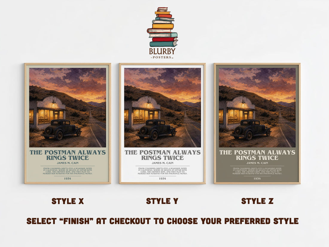 The Postman Always Rings Twice bookish print in frame leaning in hallway – crime wall art (mockup)
