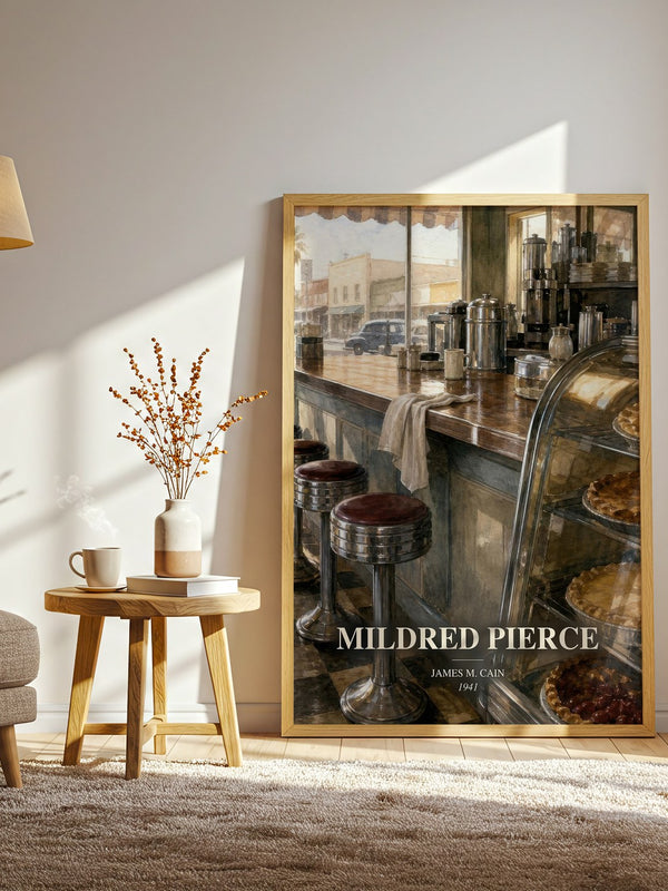 Mildred Pierce watercolour print in frame leaning in hallway – literary fiction wall art