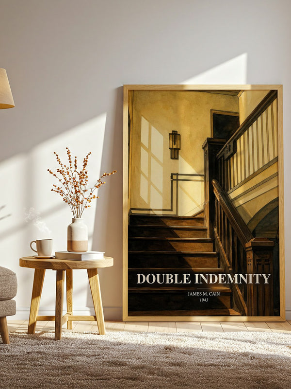 Double Indemnity watercolour print in frame leaning in hallway – crime wall art