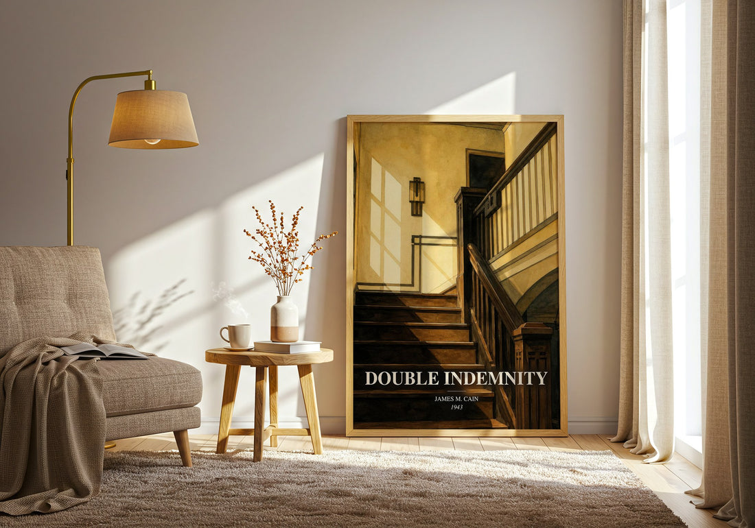 Double Indemnity watercolour print in frame leaning in hallway – crime wall art (mockup)