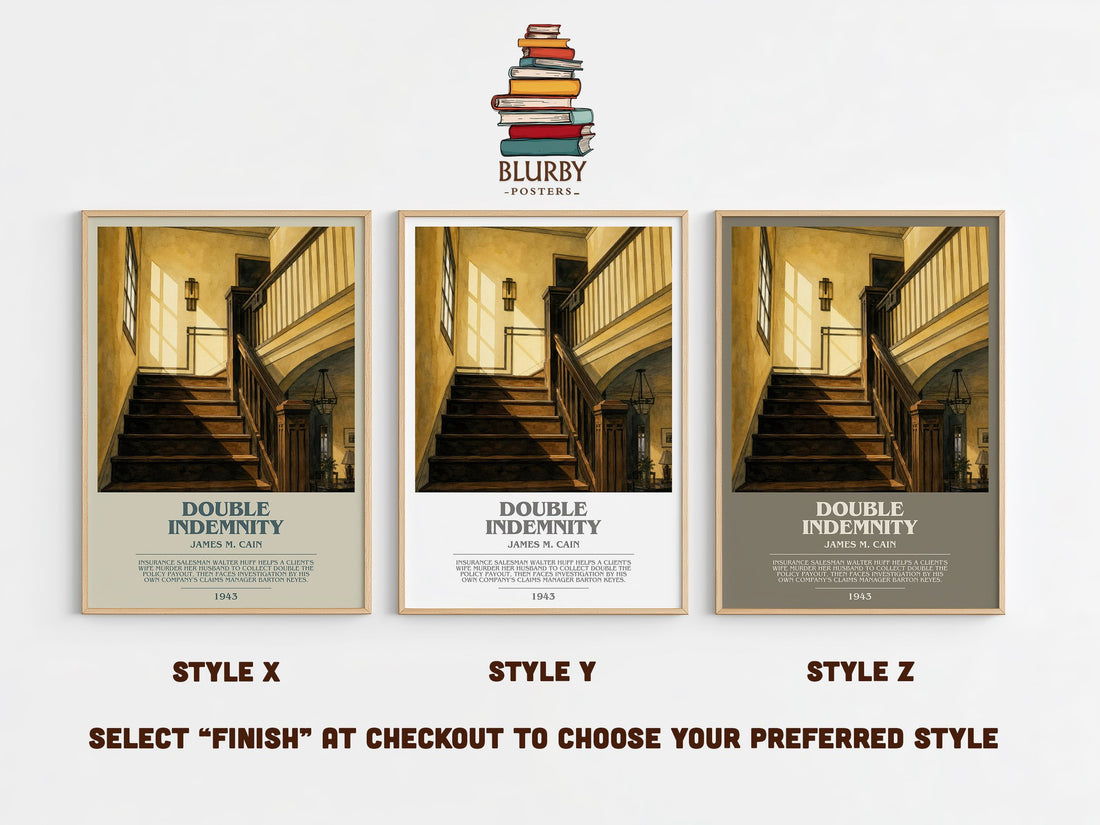 Double Indemnity bookish print in frame leaning in hallway – crime wall art (mockup)