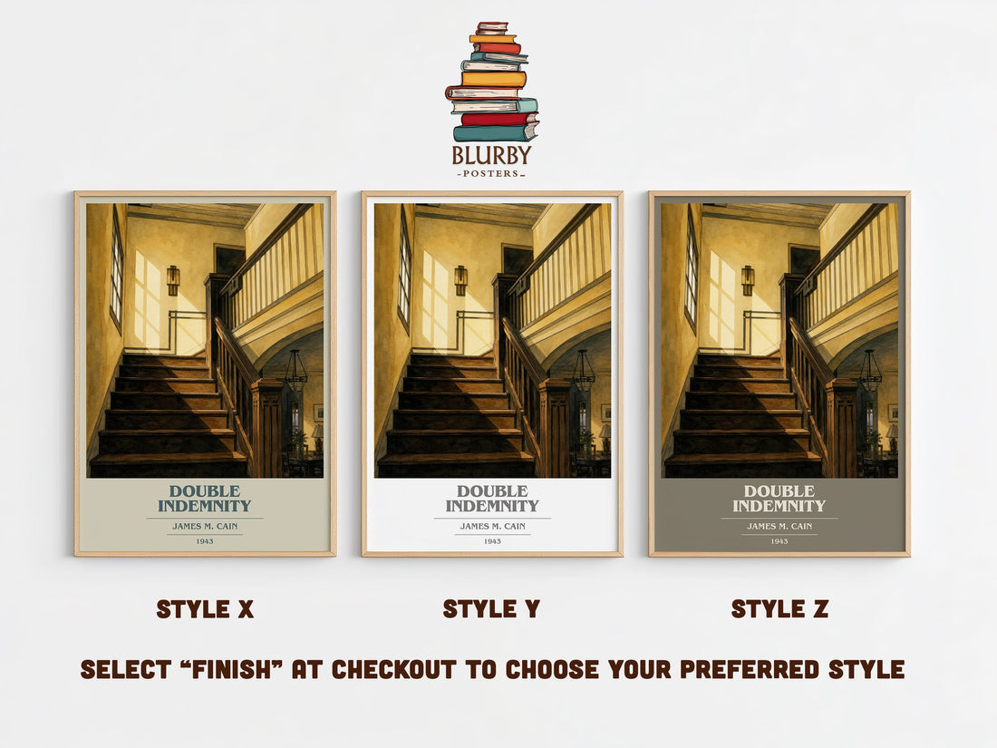 Double Indemnity book cover print in frame leaning in hallway – crime wall art (mockup)