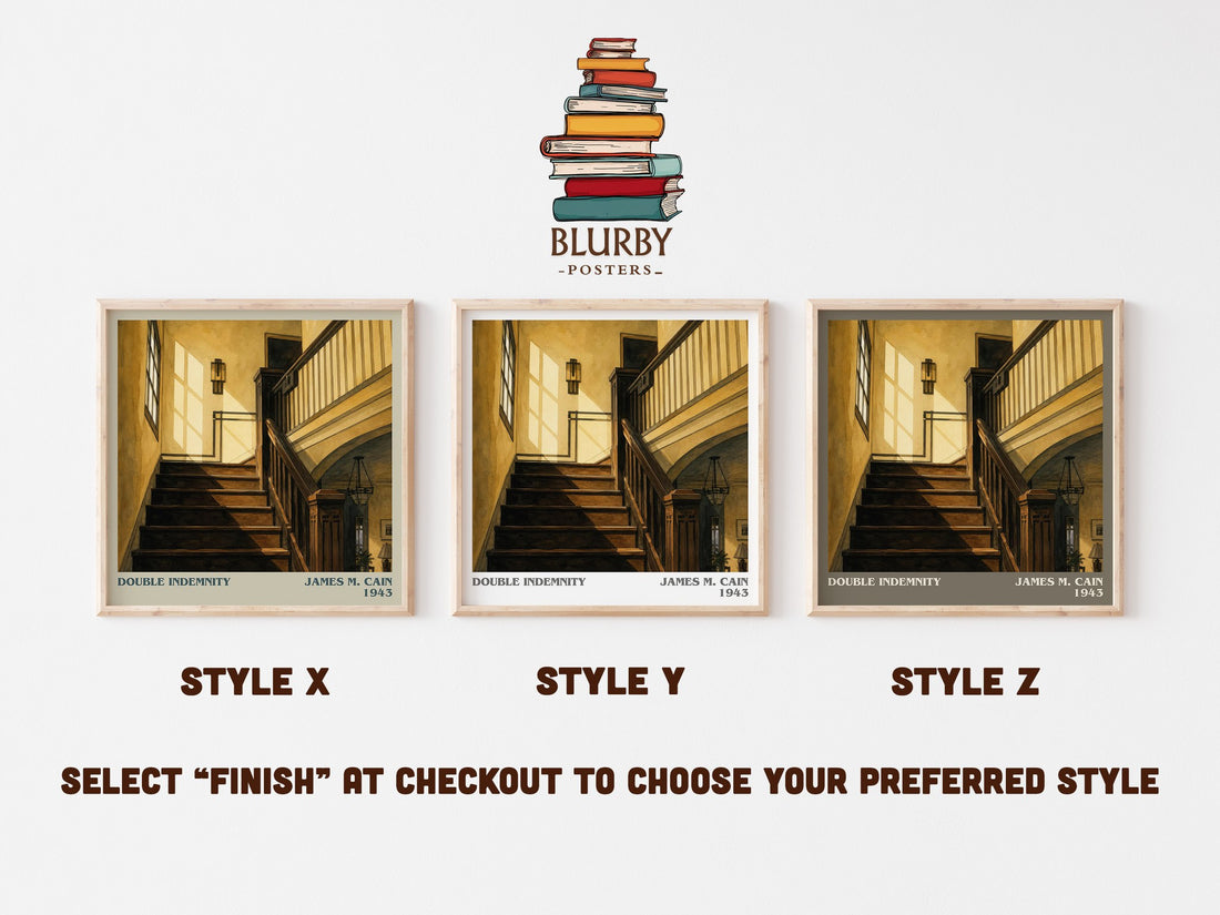 Double Indemnity literary print in frame leaning in hallway – crime wall art (mockup)