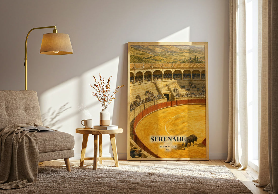 Serenade watercolour print in frame leaning in hallway – literary fiction wall art (mockup)