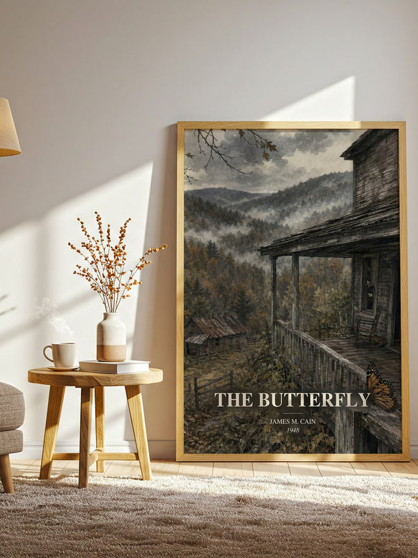 The Butterfly watercolour print in frame leaning in hallway – crime wall art