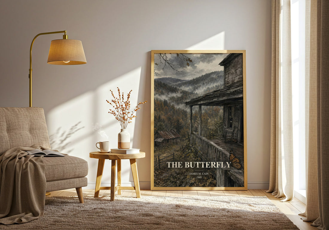 The Butterfly watercolour print in frame leaning in hallway – crime wall art (mockup)