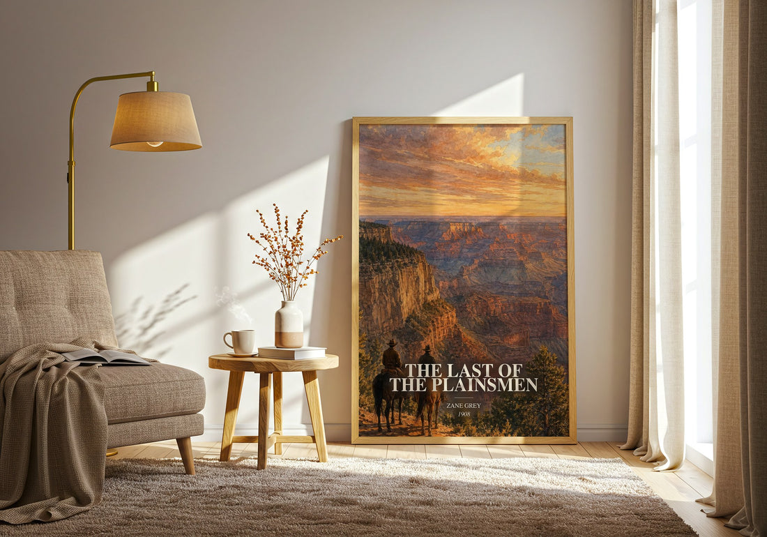 The Last of the Plainsmen watercolour print in frame leaning in hallway – adventure wall art (mockup)