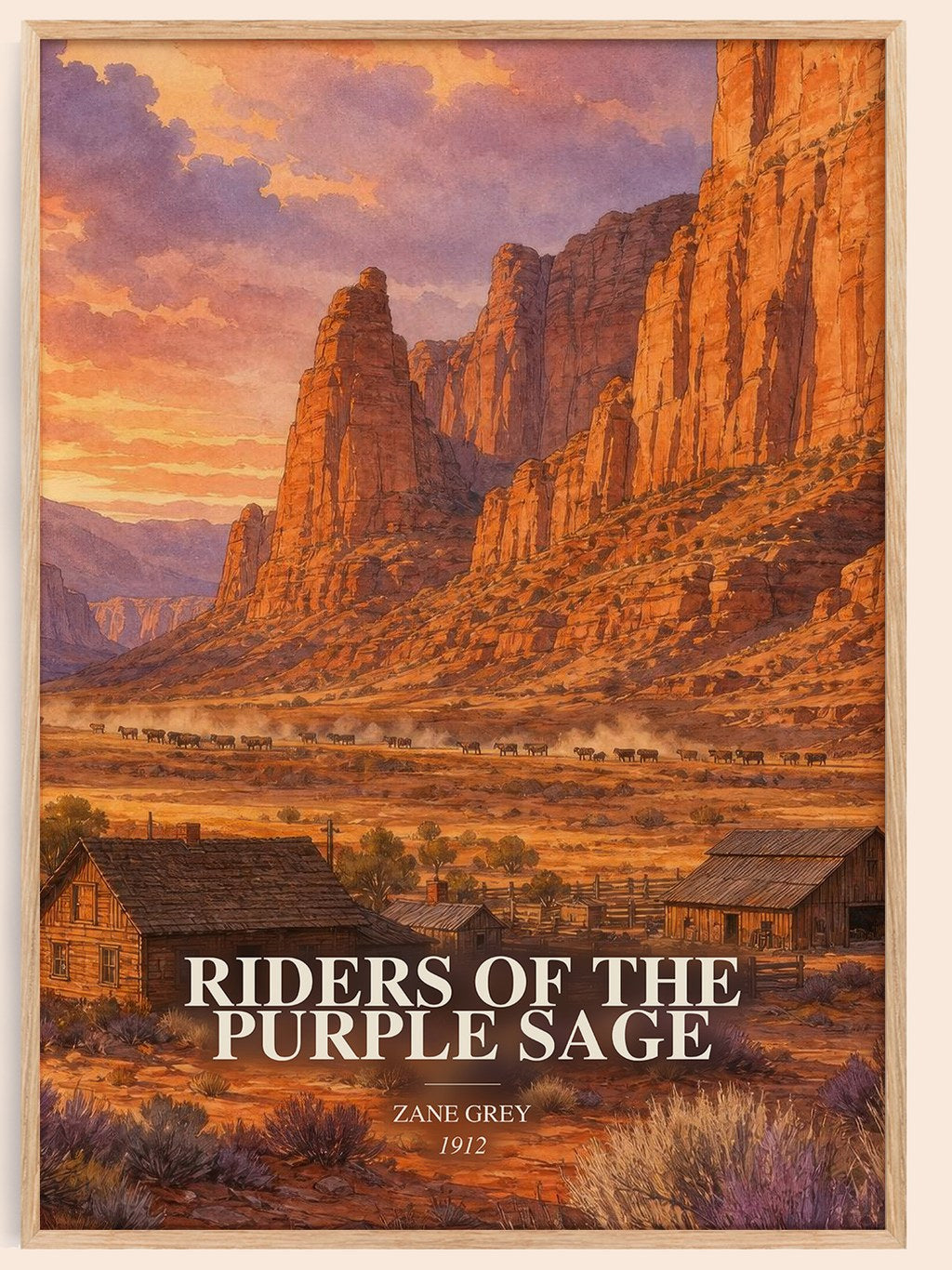 Riders of the Purple Sage watercolour book poster by Zane Grey – framed literary art print