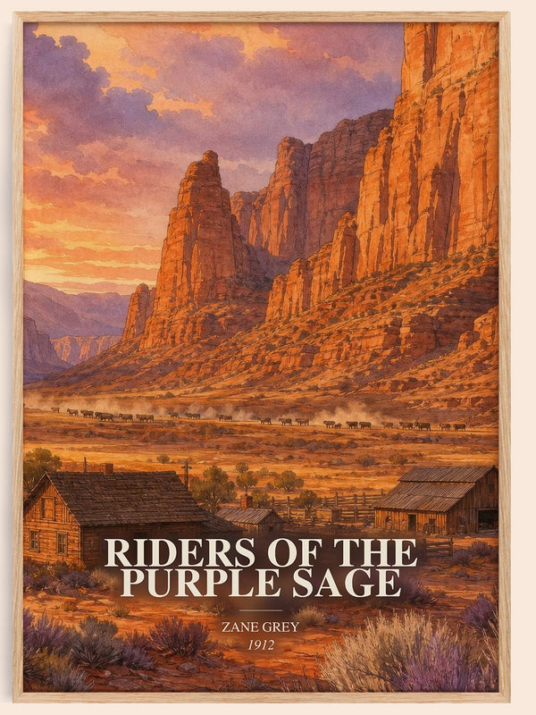 Riders of the Purple Sage watercolour book poster by Zane Grey – framed literary art print