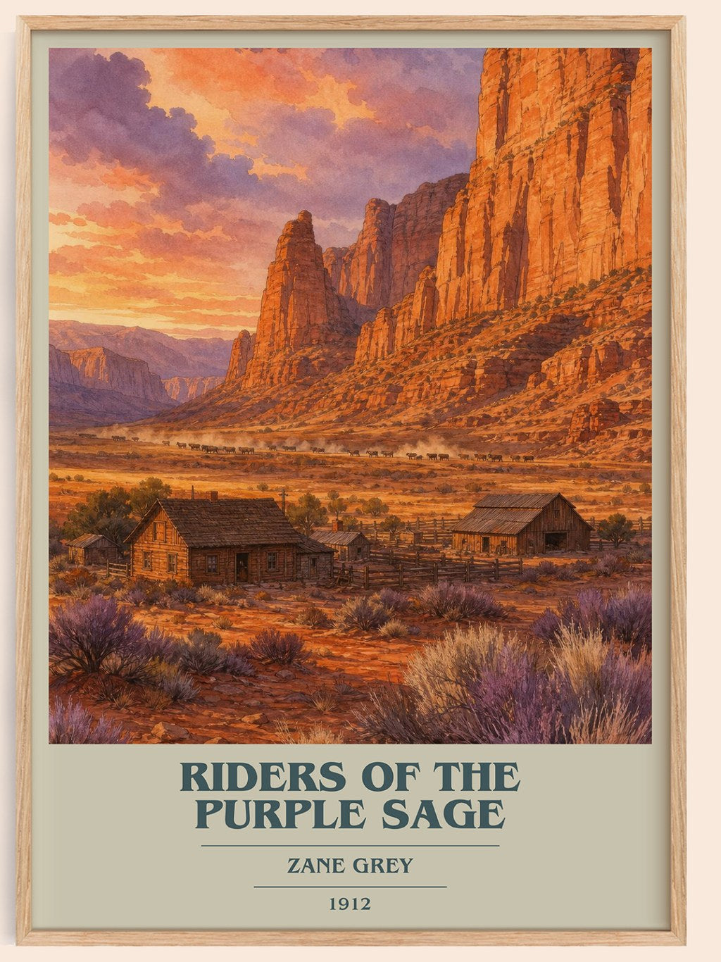 Riders of the Purple Sage book cover book poster by Zane Grey – framed literary art print