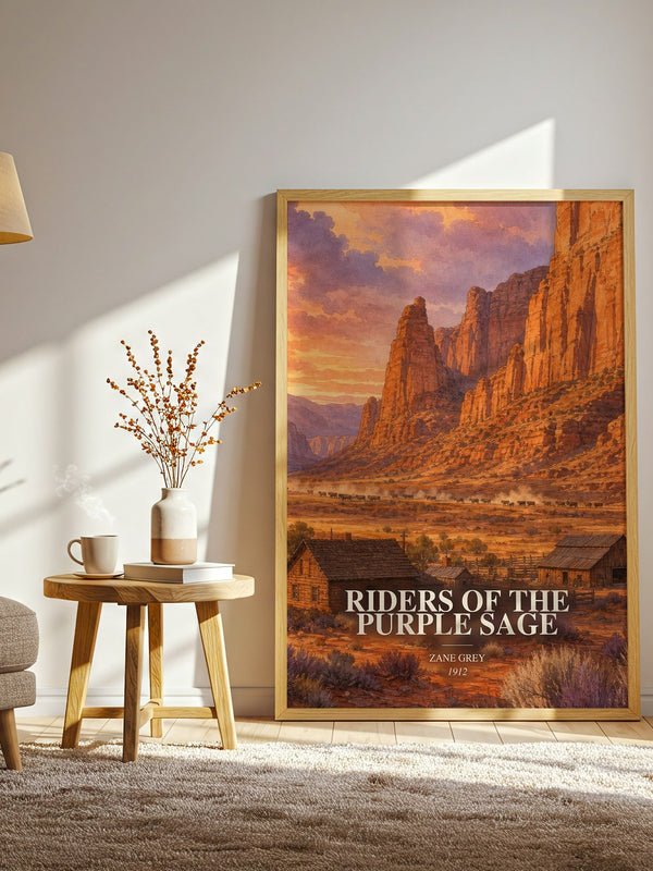 Riders of the Purple Sage watercolour print in frame leaning in hallway – adventure wall art