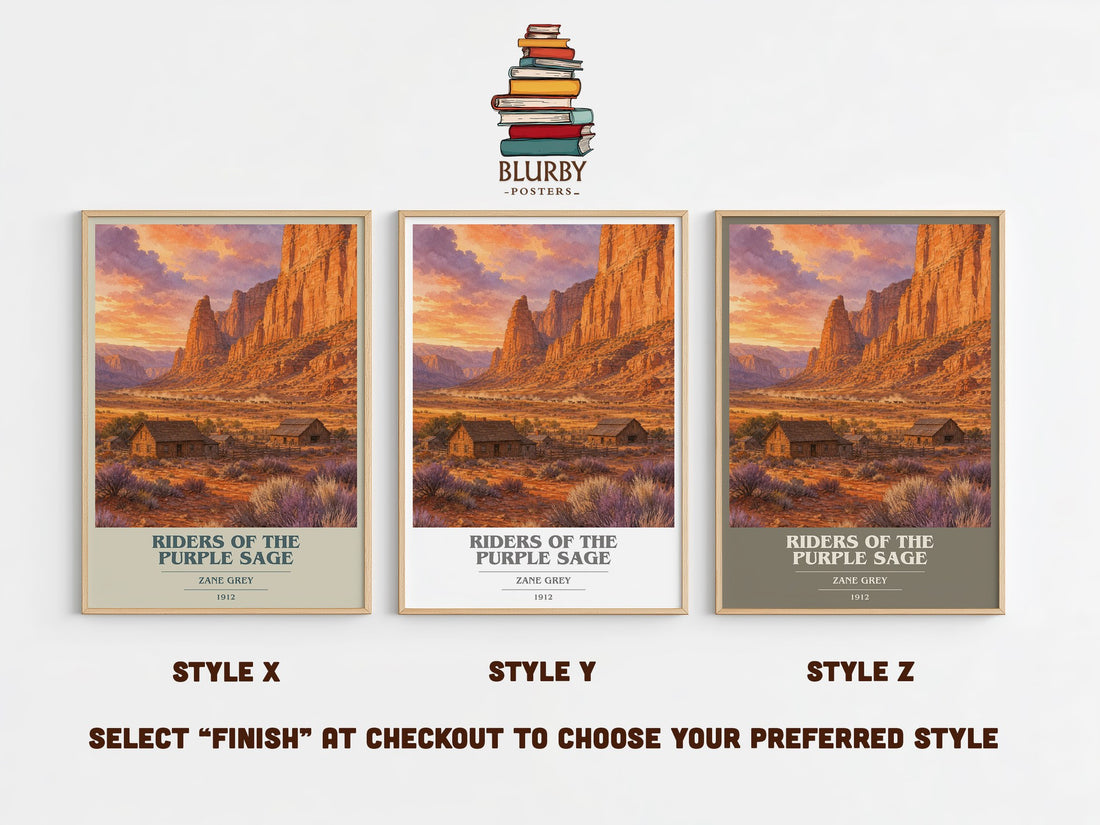 Riders of the Purple Sage book cover print in frame leaning in hallway – adventure wall art (mockup)