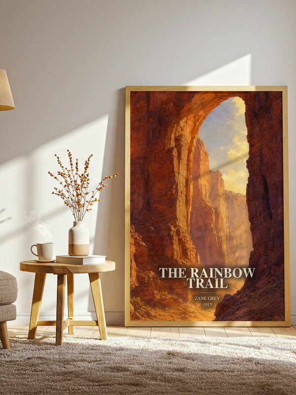 The Rainbow Trail watercolour print in frame leaning in hallway – adventure wall art