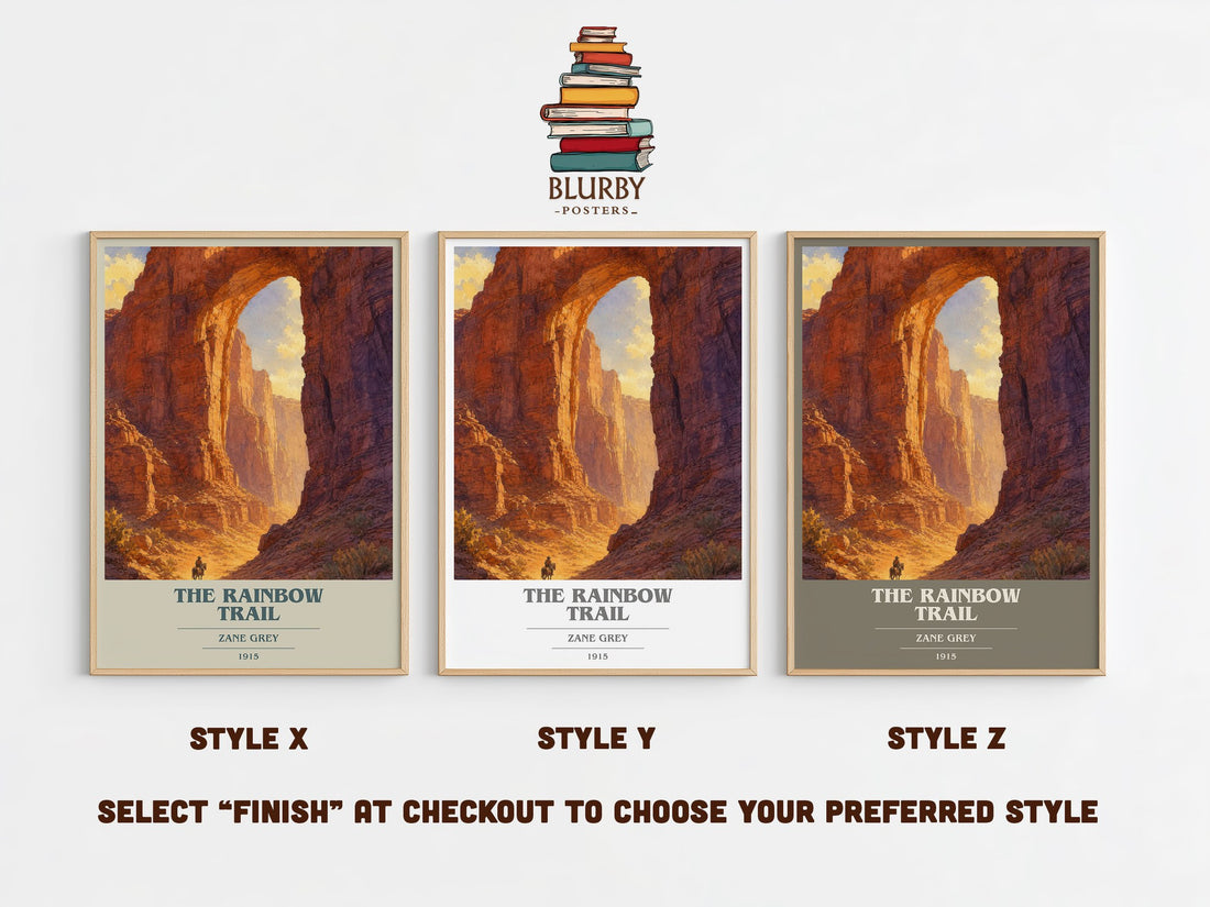 The Rainbow Trail book cover print in frame leaning in hallway – adventure wall art (mockup)