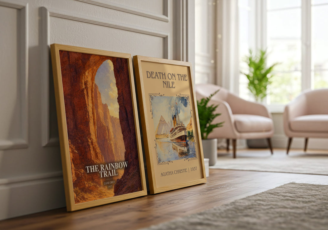 The Rainbow Trail watercolour print framed by window – literary home decor