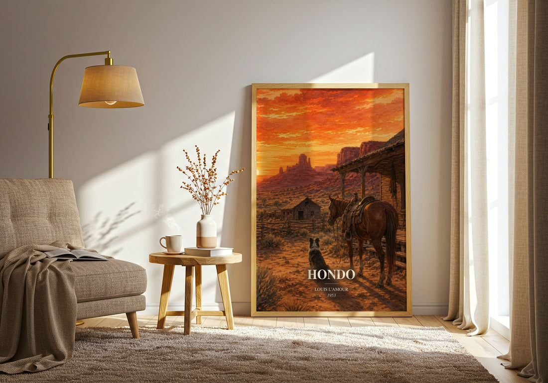 Hondo watercolour print in frame leaning in hallway – adventure wall art (mockup)