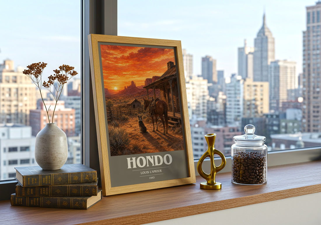 Hondo book cover print framed by window – literary home decor