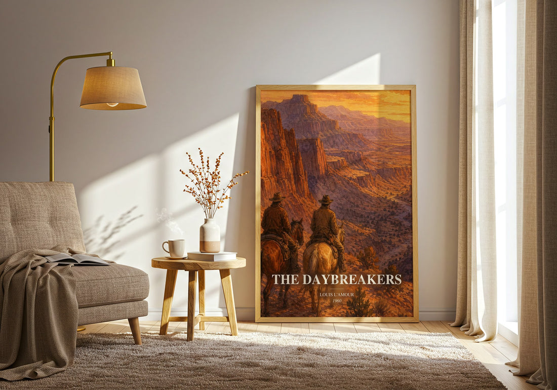 The Daybreakers watercolour print in frame leaning in hallway – adventure wall art (mockup)